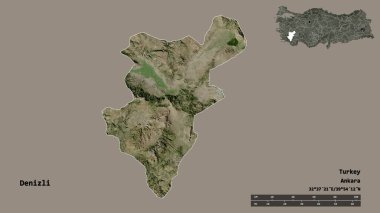 Türkiye 'nin Denizli ilçesinin başkenti sağlam bir zemin üzerinde izole edilmiştir. Uzaklık ölçeği, bölge önizlemesi ve etiketleri. Uydu görüntüleri. 3B görüntüleme