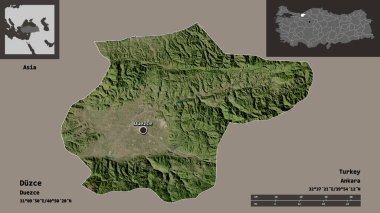 Türkiye 'nin Duzce ili ve başkenti. Uzaklık ölçeği, ön gösterimler ve etiketler. Uydu görüntüleri. 3B görüntüleme