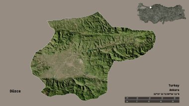 Türkiye 'nin Duzce ilinin başkenti sağlam bir zemin üzerinde izole edilmiştir. Uzaklık ölçeği, bölge önizlemesi ve etiketleri. Uydu görüntüleri. 3B görüntüleme