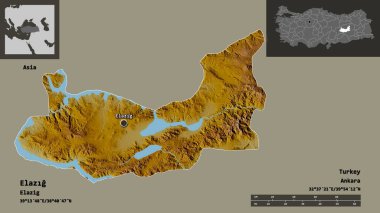 Türkiye 'nin Elazg ili ve başkenti. Uzaklık ölçeği, ön gösterimler ve etiketler. Topografik yardım haritası. 3B görüntüleme