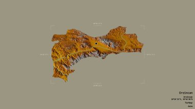 Türkiye 'nin Erzincan ilçesi bir sınır kutusunda sağlam bir zemin üzerinde izole edilmiş durumda. Etiketler. Topografik yardım haritası. 3B görüntüleme