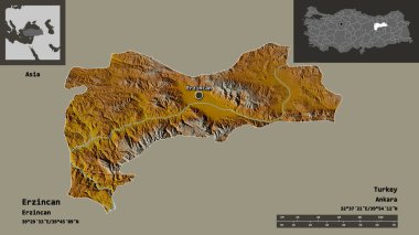 Türkiye 'nin Erzincan ili ve başkenti. Uzaklık ölçeği, ön gösterimler ve etiketler. Topografik yardım haritası. 3B görüntüleme