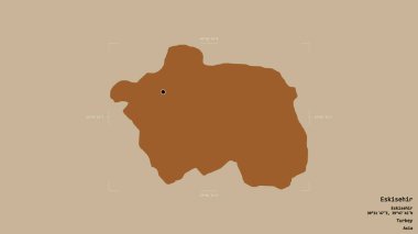 Türkiye 'nin Eskisehir ilçesi bölgesi, jeoreferatlı bir sınır kutusunun sağlam bir arka planında izole edilmiş durumda. Etiketler. Desenli dokuların bileşimi. 3B görüntüleme