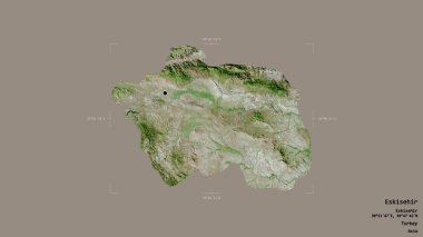 Türkiye 'nin Eskisehir ilçesi bölgesi, jeoreferatlı bir sınır kutusunun sağlam bir arka planında izole edilmiş durumda. Etiketler. Uydu görüntüleri. 3B görüntüleme