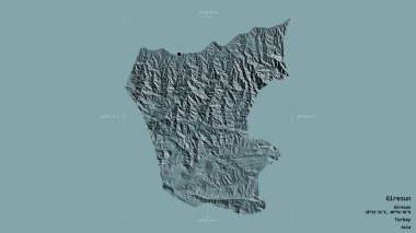 Türkiye 'nin Giresun ilçesi, jeoreferatlı bir sınır kutusunda sağlam bir zemin üzerinde izole edilmiş durumda. Etiketler. Renkli yükseklik haritası. 3B görüntüleme