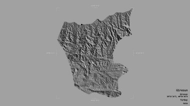 Türkiye 'nin Giresun ilçesi, jeoreferatlı bir sınır kutusunda sağlam bir zemin üzerinde izole edilmiş durumda. Etiketler. Çift seviyeli yükseklik haritası. 3B görüntüleme