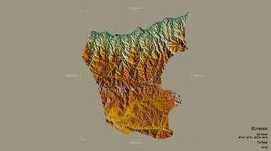 Türkiye 'nin Giresun ilçesi, jeoreferatlı bir sınır kutusunda sağlam bir zemin üzerinde izole edilmiş durumda. Etiketler. Topografik yardım haritası. 3B görüntüleme