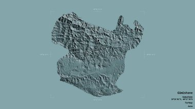 Türkiye 'nin Gumushane ilçesi bir sınır kutusunda sağlam bir arka planda izole edilmiş durumda. Etiketler. Renkli yükseklik haritası. 3B görüntüleme