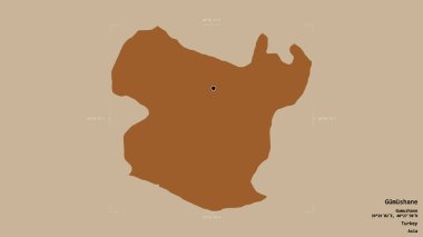 Türkiye 'nin Gumushane ilçesi bir sınır kutusunda sağlam bir arka planda izole edilmiş durumda. Etiketler. Desenli dokuların bileşimi. 3B görüntüleme