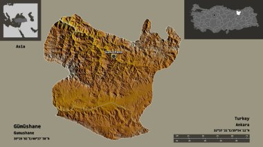 Türkiye 'nin Gumushane ili ve başkenti. Uzaklık ölçeği, ön gösterimler ve etiketler. Topografik yardım haritası. 3B görüntüleme