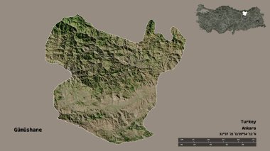 Türkiye 'nin Gumushane kenti, başkenti sağlam bir zemin üzerinde izole edilmiş durumda. Uzaklık ölçeği, bölge önizlemesi ve etiketleri. Uydu görüntüleri. 3B görüntüleme