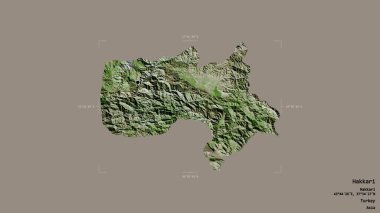 Hakkari 'nin Hakkari ilçesi, jeoreferatlı bir sınır kutusunun sağlam bir arka planında izole edildi. Etiketler. Uydu görüntüleri. 3B görüntüleme