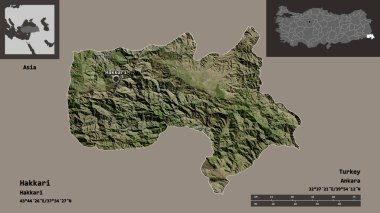 Türkiye 'nin Hakkari ilçesi ve başkenti. Uzaklık ölçeği, ön gösterimler ve etiketler. Uydu görüntüleri. 3B görüntüleme