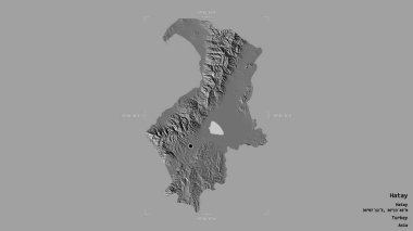Türkiye 'nin Hatay ilçesi, jeoreferatlı bir sınır kutusunun sağlam bir arka planında izole edildi. Etiketler. Çift seviyeli yükseklik haritası. 3B görüntüleme