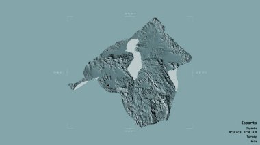 Türkiye 'nin Isparta ilçesi, jeoreferatlı bir sınır kutusunun sağlam bir arka planında izole edilmiş durumda. Etiketler. Renkli yükseklik haritası. 3B görüntüleme