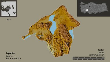 Türkiye 'nin Isparta ili ve başkenti. Uzaklık ölçeği, ön gösterimler ve etiketler. Topografik yardım haritası. 3B görüntüleme