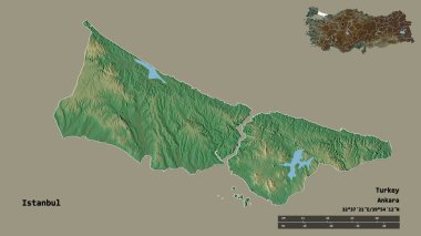 Türkiye 'nin başkenti sağlam bir zemin üzerinde izole edilmiş, İstanbul' un şekli. Uzaklık ölçeği, bölge önizlemesi ve etiketleri. Topografik yardım haritası. 3B görüntüleme
