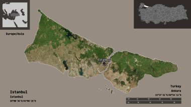 İstanbul 'un, Türkiye' nin ve başkentinin şekli. Uzaklık ölçeği, ön gösterimler ve etiketler. Uydu görüntüleri. 3B görüntüleme