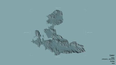Türkiye 'nin İzmir bölgesi, jeoreferatlı bir sınır kutusunun sağlam bir arka planında izole edilmiş durumda. Etiketler. Renkli yükseklik haritası. 3B görüntüleme