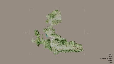 Türkiye 'nin İzmir bölgesi, jeoreferatlı bir sınır kutusunun sağlam bir arka planında izole edilmiş durumda. Etiketler. Uydu görüntüleri. 3B görüntüleme