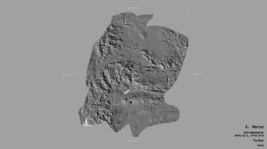 Türkiye 'nin K. Maras ilçesi, jeoreferatlı bir sınır kutusunda sağlam bir zemin üzerinde izole edilmiş durumda. Etiketler. Çift seviyeli yükseklik haritası. 3B görüntüleme