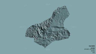Türkiye 'nin Karabuk ilçesi bölgesi, jeoreferatlı bir sınır kutusunda sağlam bir zemin üzerinde izole edildi. Etiketler. Renkli yükseklik haritası. 3B görüntüleme