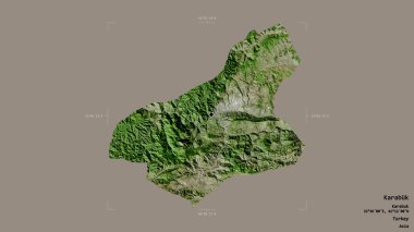 Türkiye 'nin Karabuk ilçesi bölgesi, jeoreferatlı bir sınır kutusunda sağlam bir zemin üzerinde izole edildi. Etiketler. Uydu görüntüleri. 3B görüntüleme