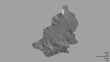 Türkiye 'nin Kars ilçesi bir sınır kutusunda sağlam bir arka planda izole edilmiş durumda. Etiketler. Çift seviyeli yükseklik haritası. 3B görüntüleme