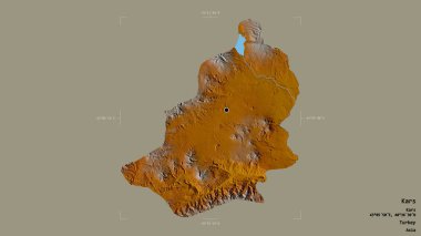 Türkiye 'nin Kars ilçesi bir sınır kutusunda sağlam bir arka planda izole edilmiş durumda. Etiketler. Topografik yardım haritası. 3B görüntüleme