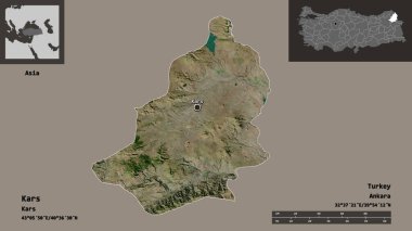 Kars 'ın şekli, Türkiye' nin ili ve başkenti. Uzaklık ölçeği, ön gösterimler ve etiketler. Uydu görüntüleri. 3B görüntüleme