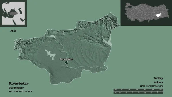 土耳其的Diyarbakr形状及其首都 距离刻度 预览和标签 彩色高程图 3D渲染 — 图库照片