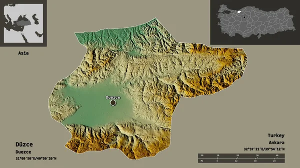 ドゥスの形 トルコの州 およびその首都 距離スケール プレビューおよびラベル 地形図 3Dレンダリング — ストック写真