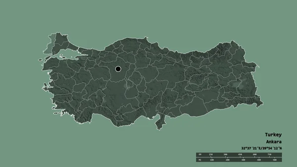 主要な地域部門と分離されたエディルネ地域とトルコの荒廃した形 ラベル 色の標高マップ 3Dレンダリング — ストック写真