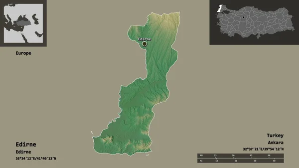 エディリンの形 トルコの州 およびその首都 距離スケール プレビューおよびラベル 地形図 3Dレンダリング — ストック写真