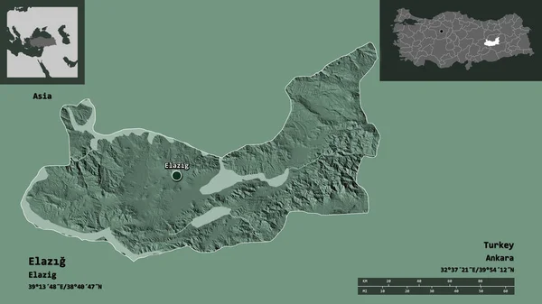 エラズグ トルコの州 およびその首都の形状 距離スケール プレビューおよびラベル 色の標高マップ 3Dレンダリング — ストック写真