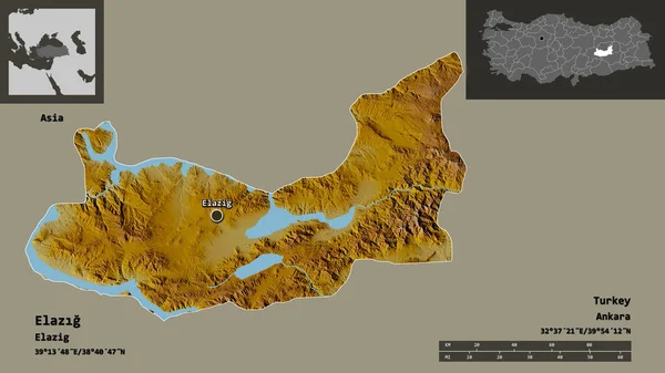 エラズグ トルコの州 およびその首都の形状 距離スケール プレビューおよびラベル 地形図 3Dレンダリング — ストック写真
