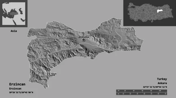 Forma Erzincan Província Turquia Sua Capital Escala Distância Previews Rótulos — Fotografia de Stock