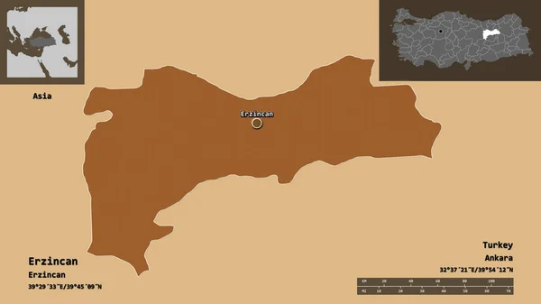 エルジンカン トルコの州 およびその首都の形状 距離スケール プレビューおよびラベル パターン化されたテクスチャの構成 3Dレンダリング — ストック写真