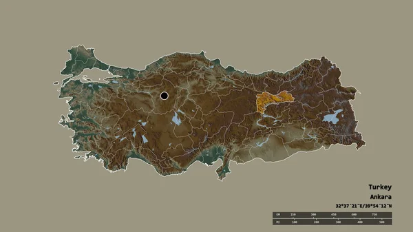 土耳其以首都 主要区域分部和分离的Erzincan地区为首都的专制形态 地形浮雕图 3D渲染 — 图库照片