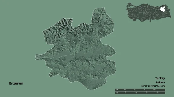 トルコの州 エルズルムの形状は その首都はしっかりとした背景に隔離されています 距離スケール リージョンプレビュー およびラベル 色の標高マップ 3Dレンダリング — ストック写真