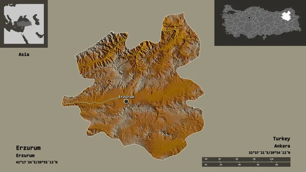 トルコのエルズルム州とその首都の形 距離スケール プレビューおよびラベル 地形図 3Dレンダリング — ストック写真