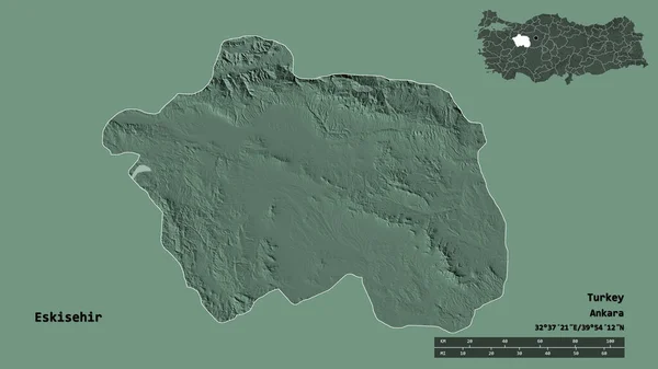 トルコの州 エスキシェヒルの形状は その首都はしっかりとした背景に隔離されています 距離スケール リージョンプレビュー およびラベル 色の標高マップ 3Dレンダリング — ストック写真