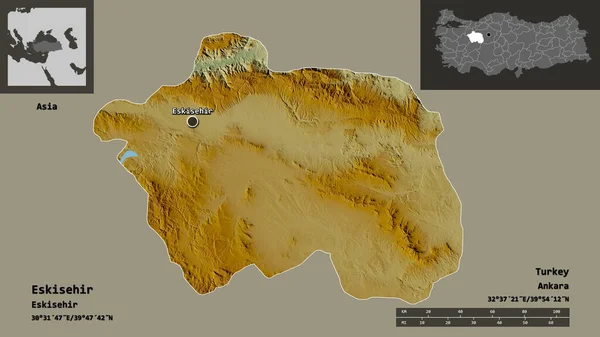 トルコの州であるエスキシェヒルとその首都の形 距離スケール プレビューおよびラベル 地形図 3Dレンダリング — ストック写真