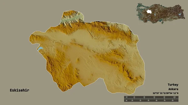 トルコの州 エスキシェヒルの形状は その首都はしっかりとした背景に隔離されています 距離スケール リージョンプレビュー およびラベル 地形図 3Dレンダリング — ストック写真