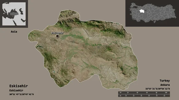 トルコの州であるエスキシェヒルとその首都の形 距離スケール プレビューおよびラベル 衛星画像 3Dレンダリング — ストック写真