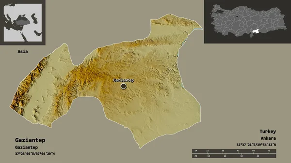 トルコの州であるガジアンテプとその首都の形 距離スケール プレビューおよびラベル 地形図 3Dレンダリング — ストック写真