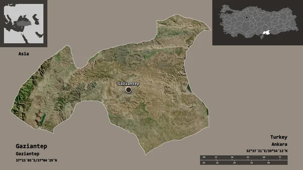 トルコの州であるガジアンテプとその首都の形 距離スケール プレビューおよびラベル 衛星画像 3Dレンダリング — ストック写真
