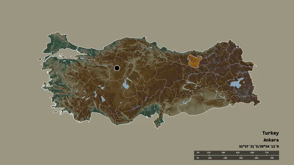 土耳其以首都 主要区域分部和分离的Gumushane地区为首都的专制形态 地形浮雕图 3D渲染 — 图库照片