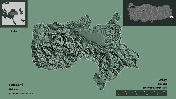 トルコ共和国のハカリ州とその首都の形 距離スケール プレビューおよびラベル 色の標高マップ 3Dレンダリング — ストック写真