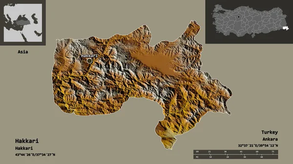 トルコ共和国のハカリ州とその首都の形 距離スケール プレビューおよびラベル 地形図 3Dレンダリング — ストック写真